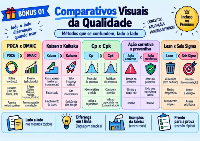 Mapas comparativos da qualidade lado a lado, como PDCA x DMAIC e Cp x Cpk