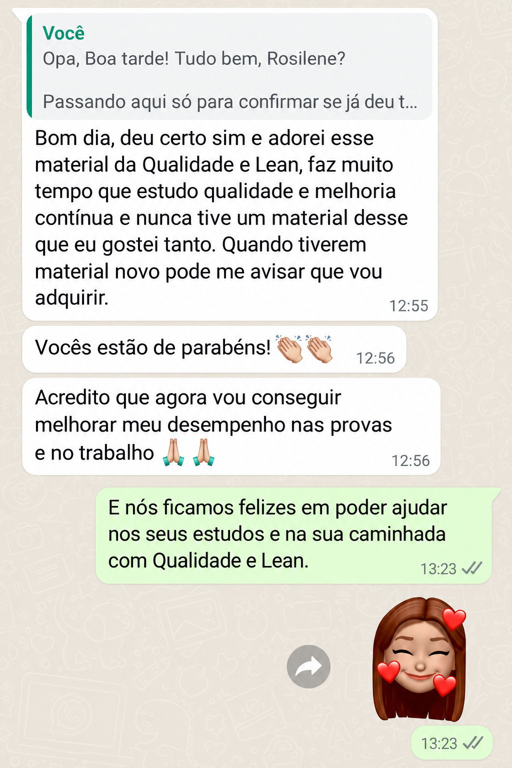 Print de WhatsApp com depoimento de cliente 1