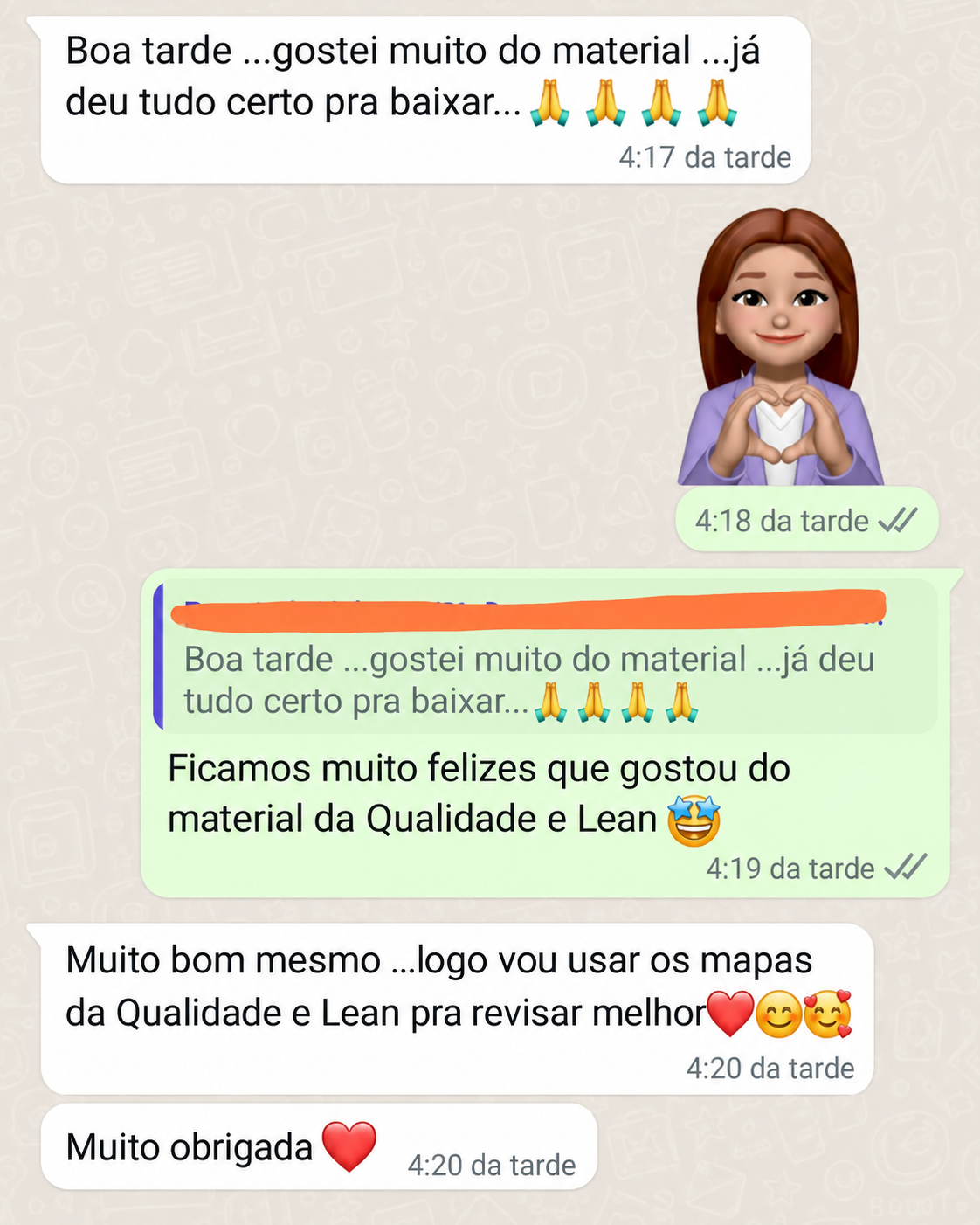 Print de WhatsApp com depoimento de cliente 4